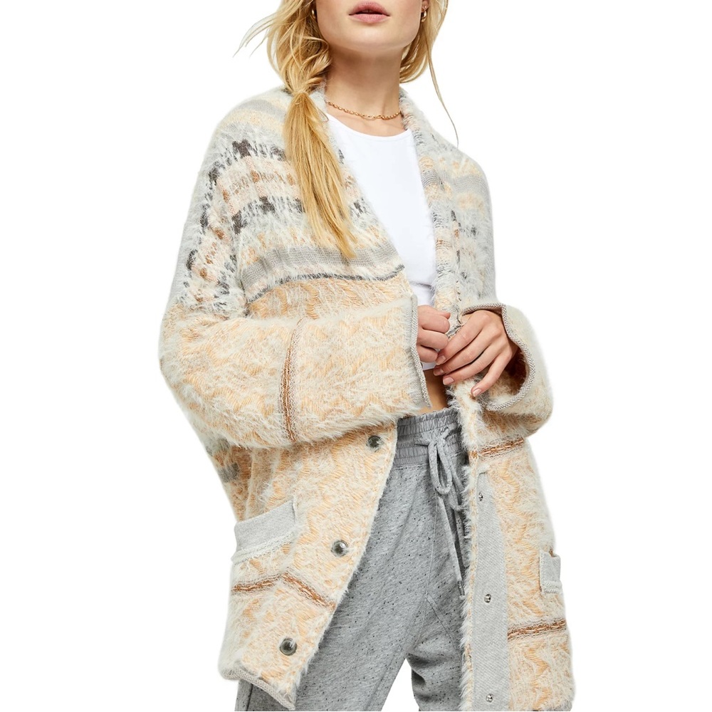Free People Cream and Gray Patterned Fuzzy Cardigan